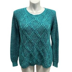 STUDIO WORKS Women's XL Turquoise Blue Cable Knit Sweater Diamond Pattern‎